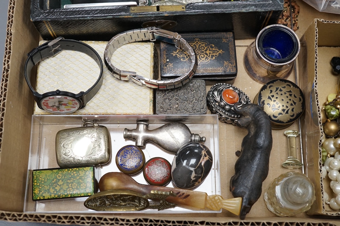 A quantity of assorted mainly costume jewellery, silver and other collectables including a George V engraved silver card case, Adie & Lovekin Ltd, Birmingham, 1913, pill boxes, vesta case, necklaces and writs watches.